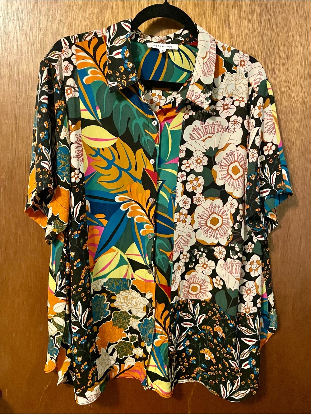Rose+Olive - Multicolor Lightweight Full Button Short Sleeve - Tropical - 1X
